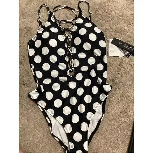La Blanca New. polka dot plunge neck swimsuit. MSRP $139. Size 14