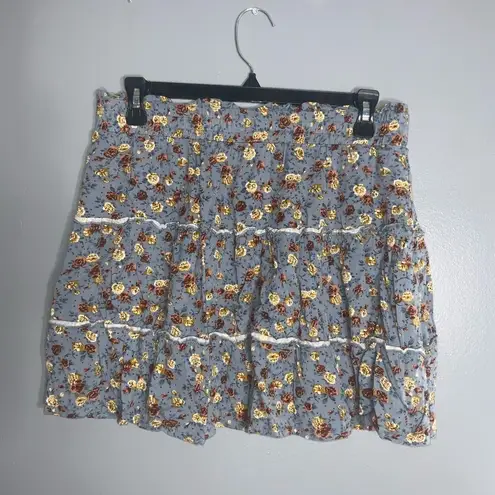 Indigo Rising Slate Blue Floral Print Ruffle Tier Elastic Waist Mini Skirt L Size undefined