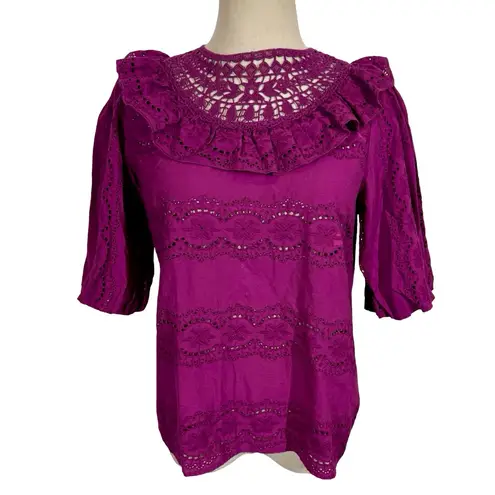 Sézane Sezane Elsa Blouse Eyelet Embroidered Ruffled Openwork in Purple Violet sz36/US4