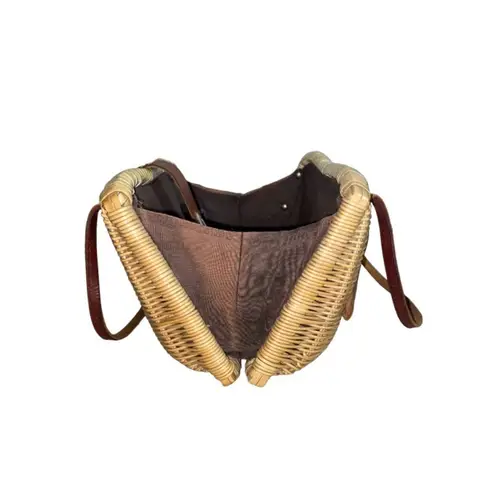 Vintage Boho Handwoven Oat Straw Wicker & leather Clamshell Basket Purse