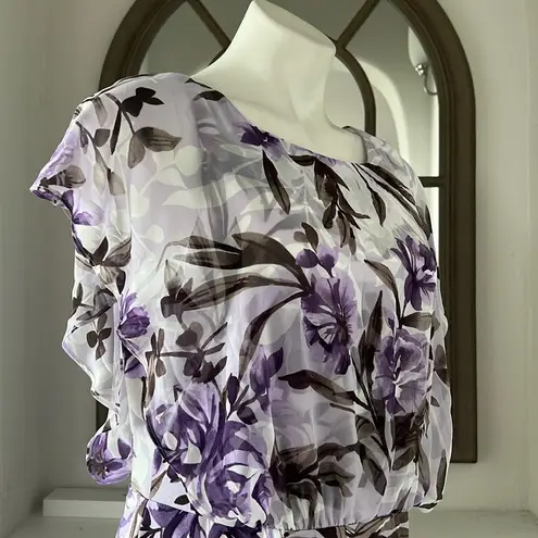 Connected Apparel Daphne Lavender Floral Chiffon Popover Dress, Petite Size 14