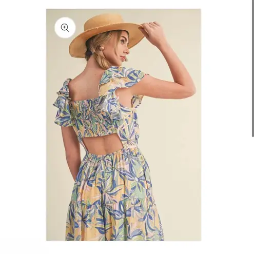 &merci &merci Love Forever Floral Print Cut Out Back Midi Dress Blue Multi M