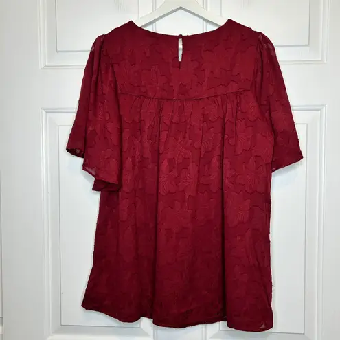 DOKOTOO NWT Burgundy Floral Lace Babydoll Tunic Top Flutter Sleeve Square Neck Red Size L