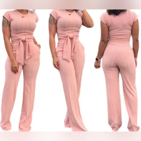 Woman's 2 Piece Outfit Pink Sexy Tie Front Crop Top Wide Leg Pants Set. Size L