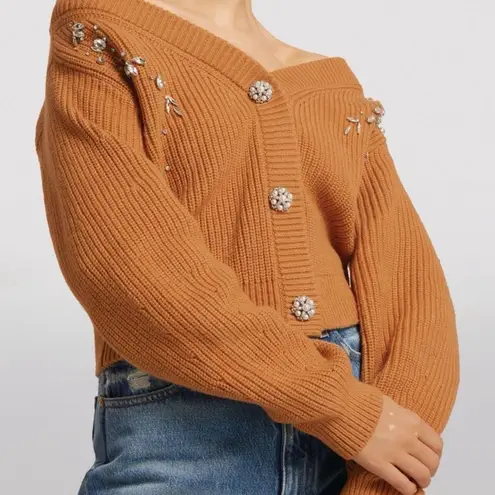 Self Portrait Diamanté Embellished Knit Tan Wool And Cotton Mix Cardigan Brown Size XL