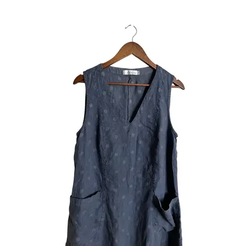 Cut Loose 100% Linen Polka Dot Midi Dress Grey Blue Lagenlook Womans Large Gray