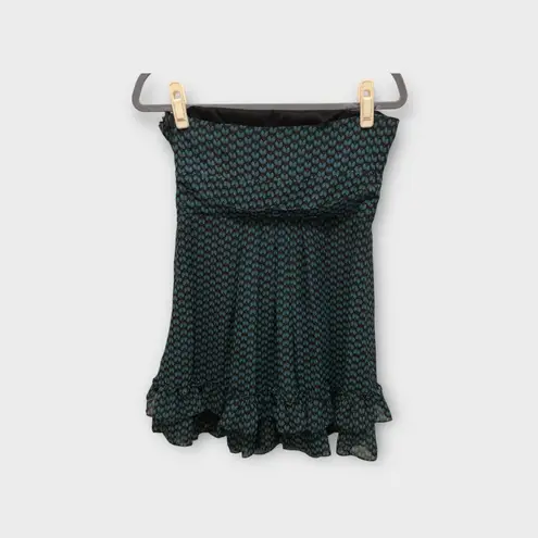 Yazbek Ya Black & Teal Owl Print Strapless Dress Ruffle Hem Silk Blend - Size M