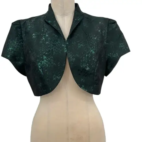 Theia Green Jacquard Cropped Evening Jacket Short Sleeve Size 14 Green