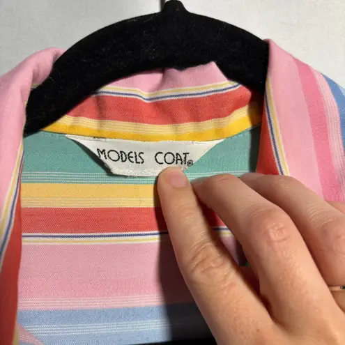 VTG Rainbow Stripe Snap Button Midi Shirt Dress Puff Sleeves Model Coat Pastel L Pink Size L