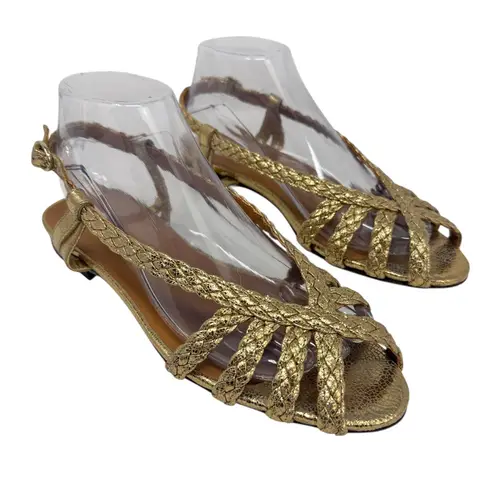 Sézane Natacha Low Sandals Gold Metallic Braided Peep Toe EU 39 US 8