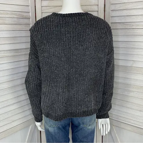 Just Found Ruffle Detail Chenille Sweater Gray Medium Crew Neck Waffle Knit