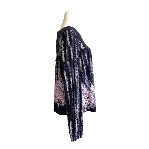 Living Doll Blue Pink Floral Lace Long Sleeve Boho Blouse Top Size Large NEW