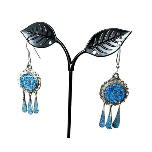 Alpaca Mexico Turquoise Composite Silver Hinged Bracelet & Dangle Earrings VTG Silver