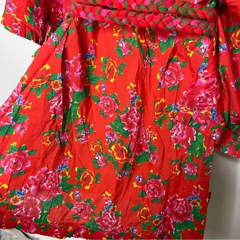 RHODE Resort red floral mini cotton dress with braided tie belt sz XS/S