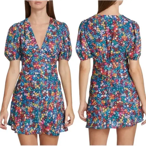 STAUD NWT Size 10 Milla Rainbow Flower Print Puff Sleeve V Neck Mini Dress