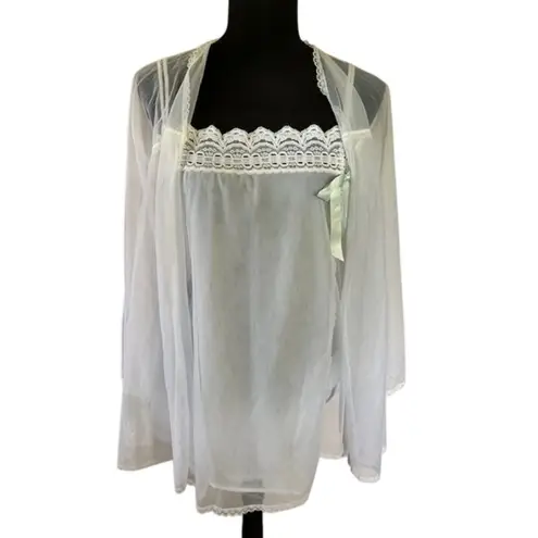 Vintage Olga Sheer White Peignoir Robe w/ Lace Trim Blue Bow Detail Size Small