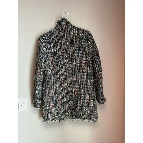 Sans Souci Womens sz S Tweed Metallic Fringe Woven Pearly Button Blazer Preppy