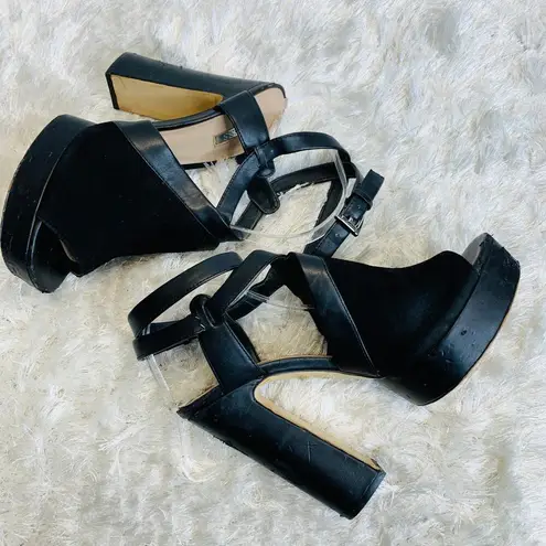 Guess  Black Suede Leather Platform Heels Wrap Ankle Sz 40 Sz US 9