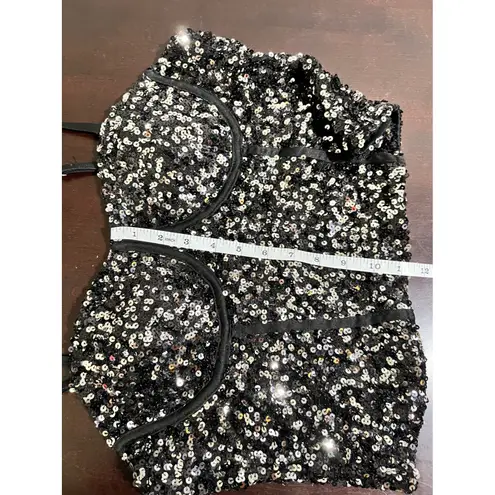 Sparkling Sequin Corset Top Black Strappy Bustier Evening Party Size L