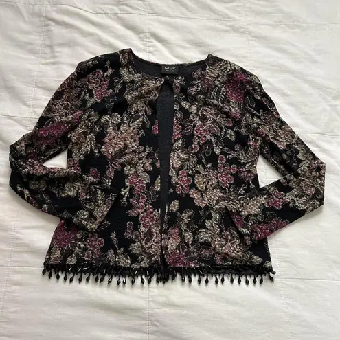 Vintage MSK Black & pink floral jacquard cardigan with beaded fringe Size M