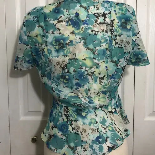 Karin Stevens Peplum Blouse in Blue and Green with Flutter Sleeves