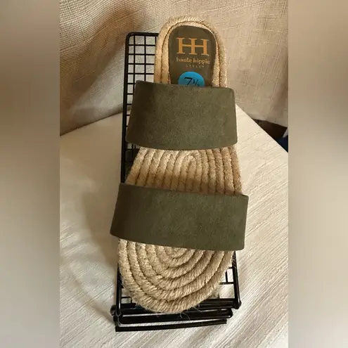 Haute Hippie HH Nori Olive Green Strappy Slip-on Sandal Jute Flats 7.5 M NWOB