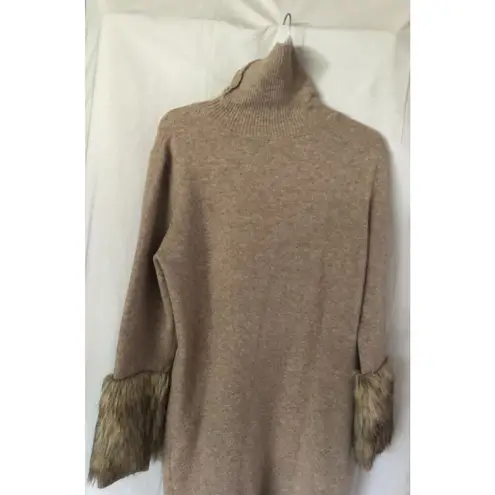 Boston Proper Tan Knit Pullover Turtleneck Dress with faux fur sleeve ends Sz L