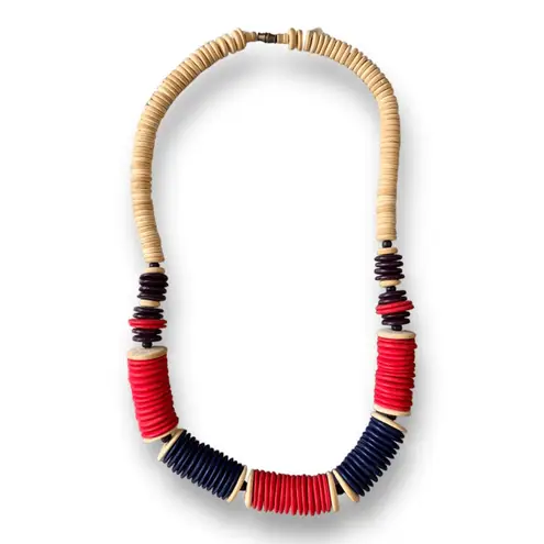 Vintage Red Navy Wooden Disc Natural Beaded Statement Necklace Bohemian Chunky Blue