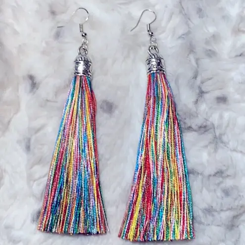 NEW! BOHO Silver & Rainbow Fringe Tassel Earrings Red