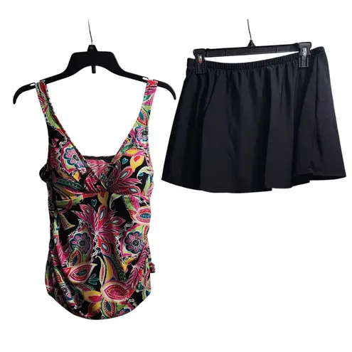 Slimshaper For All Tankini Swimsuit Skirt Set Floral Print Ruched 12 Black