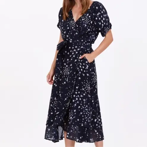 XIRENA Written In The Stars Voile Wrap Midi Dress Navy Blue Star Print Size S