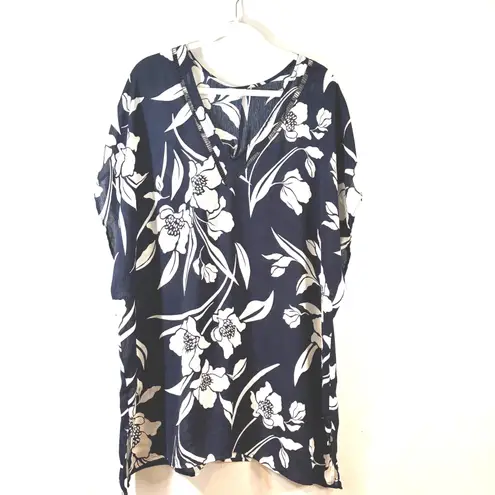Kona Sol Kona Sol Floral Swim Cover Up Tunic Top Navy White V Neck Casual Womens-XL
