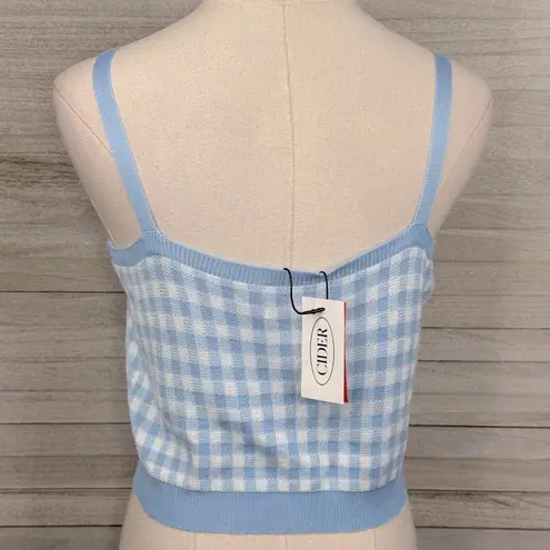 Cider Cropped Gingham Check Tank Top with Heart Buttons Blue/White-XL