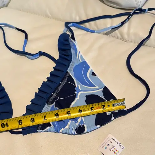 Women size Large Blue navy white hibiscus Floral triangle Bikini top set ruffles