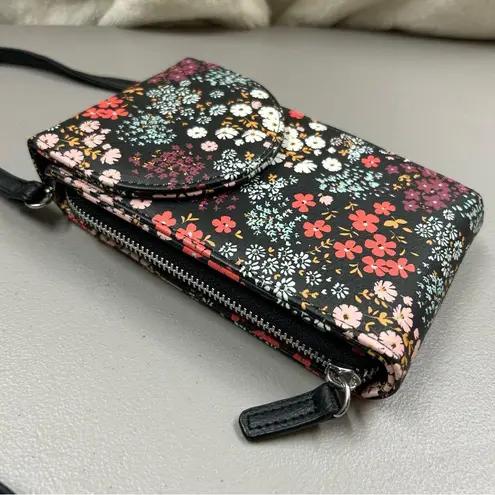 Floral Crossbody Bag Purse Zipper Closure Snap Button Black Phone Holder NEW