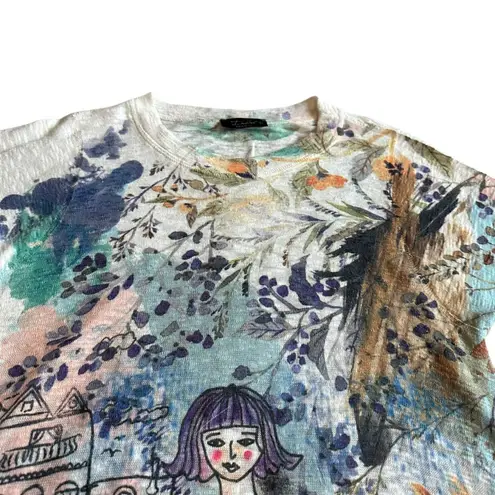 Inoah Short Sleeve Asymmetrical Dress Whimsical Girl Lady Print Size Small Women Blue