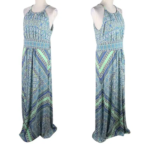 London Times  Maxi Dress 4 Keyhole Sleeveless Geometric Print Stretch New