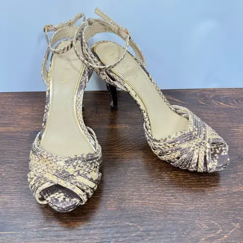 Lauren Ralph Lauren Kadie 4” snake skin ankle wrap heel size 7 1/2 Yellow