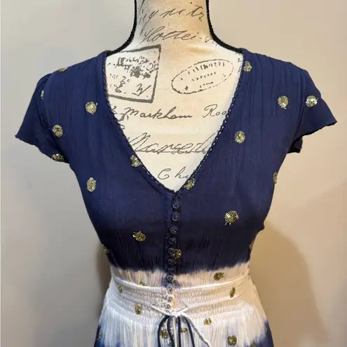 GOA Paris Blue & White Asymmetric Hem V Neck Midi Dress Floaty Fairycore Sz M Size M