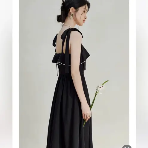 Japanese Black White Ruffle Minimalist Ribbon Bow Tie Sleeveless Midi Dress Size XS