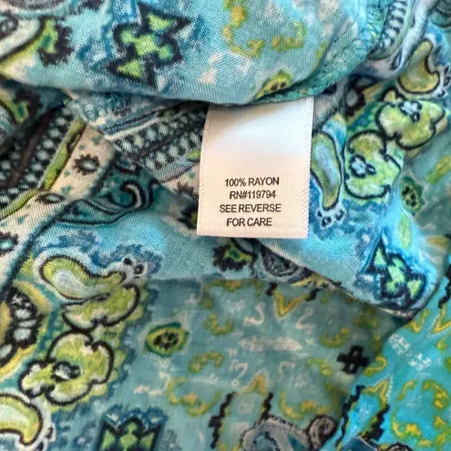 One World 1X Boho Peasant Blouse Blue Green Paisley Festival Top Rayon