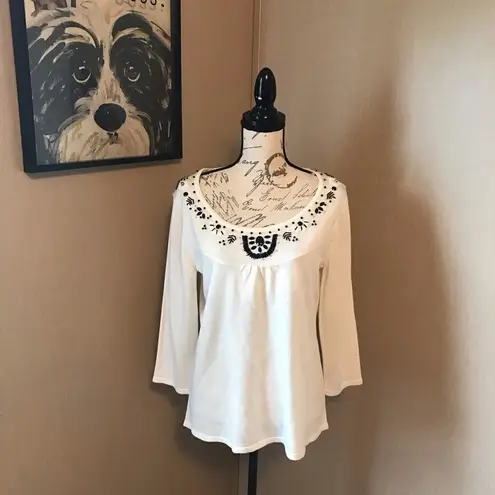 Requirements Large Cream Knit Blouse Black Gems