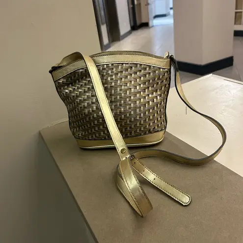 Bags by Marlo Gold and Brown Woven Crossbody Bag with Adjustable Strap