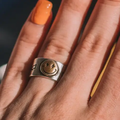 Lightning Bolt Smiley Face Silver & Gold Ring