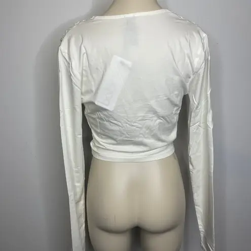 Bobi NWT Front Knot Crop Top MEDIUM Cream Long Sleeve Jersey Knit Casual Modern