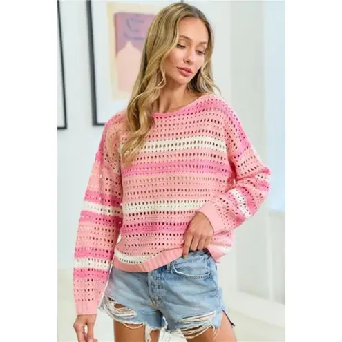 First Love Striped Long Sleeve Openwork Knit Top
