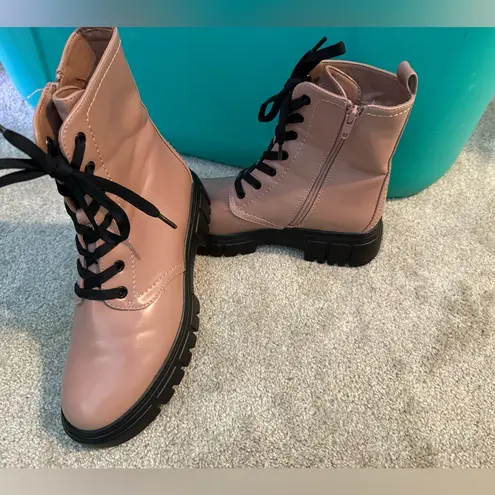 Limelight Pink and Black Combat Moto Boots with Glossy Finish