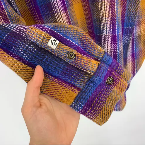 KAVU Jess Button Up Hooded Shirt Purple Mustard M