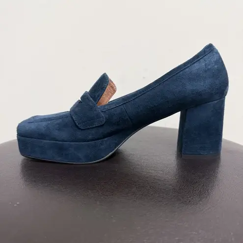 Bibi Lou Navy Blue Suede Leather Platform Block Heel Square Toe Loafers 41 Size 10