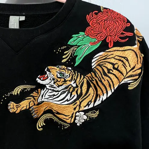 Sweaty Betty  Tora Black Tiger Embroidered Oversized Crewneck Sweatshirt L